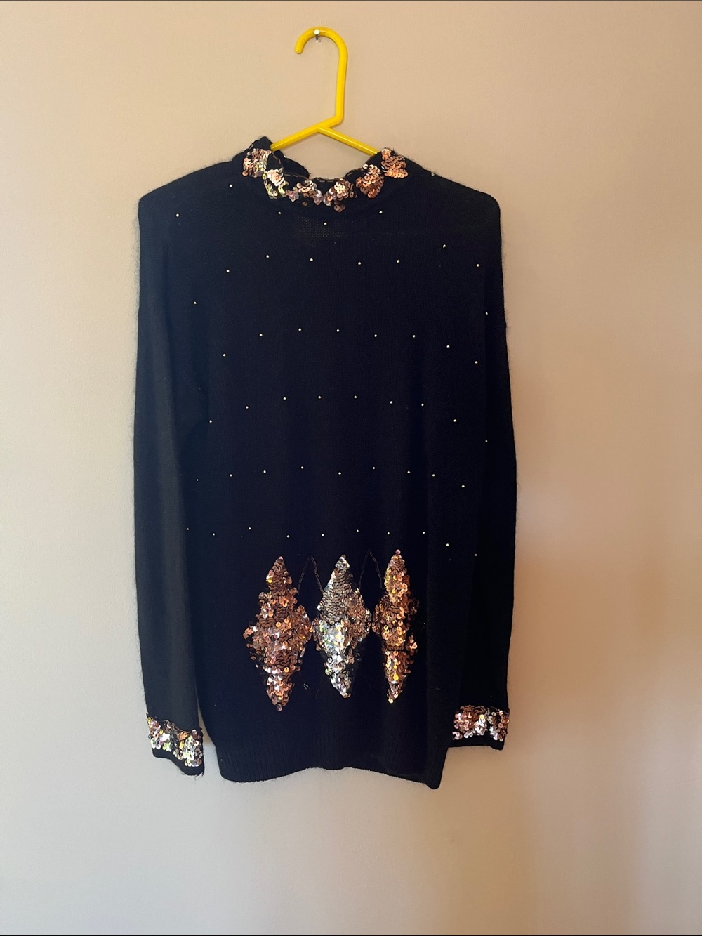 Black Cowl-Neck Sweater with Metallic Sequin Accents